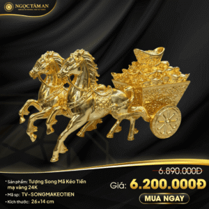 Tượng Song Mã kéo tiền mạ vàng 24K