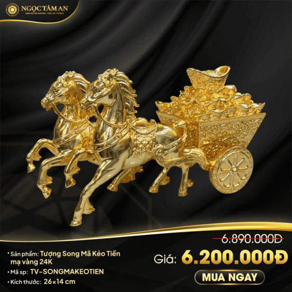 Tượng Song Mã kéo tiền mạ vàng 24K