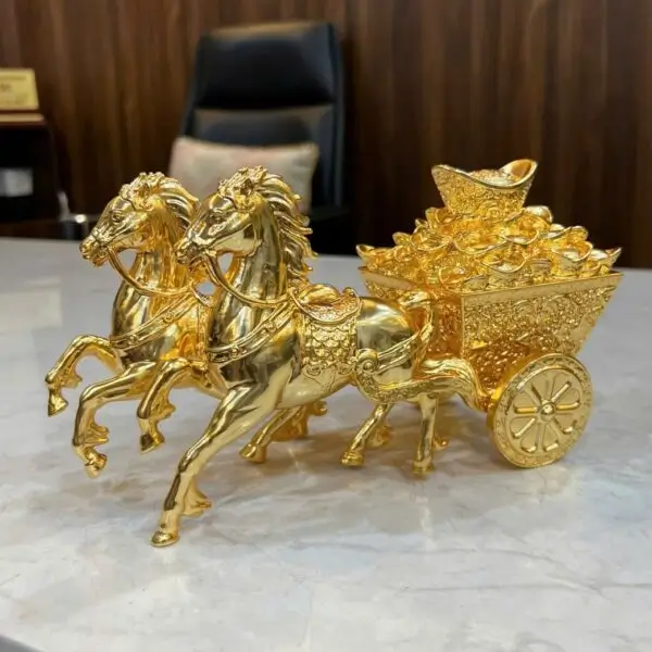 Tượng Song Mã kéo tiền mạ vàng 24K