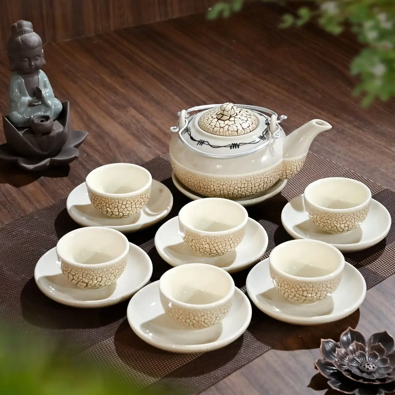 Bộ Ấm chén Bát Tràng men rạn dáng tròn