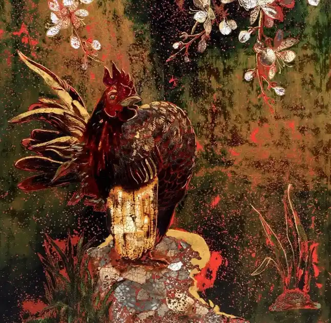 Tranh sơn mài “Gà trống choai”