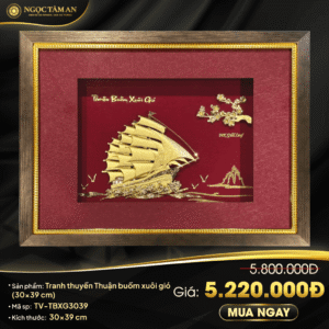 Tranh thuyền buồm thuận buồm xuôi gió dát vàng 24K (nền đỏ) 30x39cm