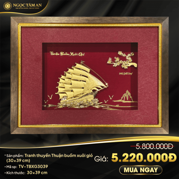 Tranh thuyền buồm thuận buồm xuôi gió dát vàng 24K (nền đỏ) 30x39cm
