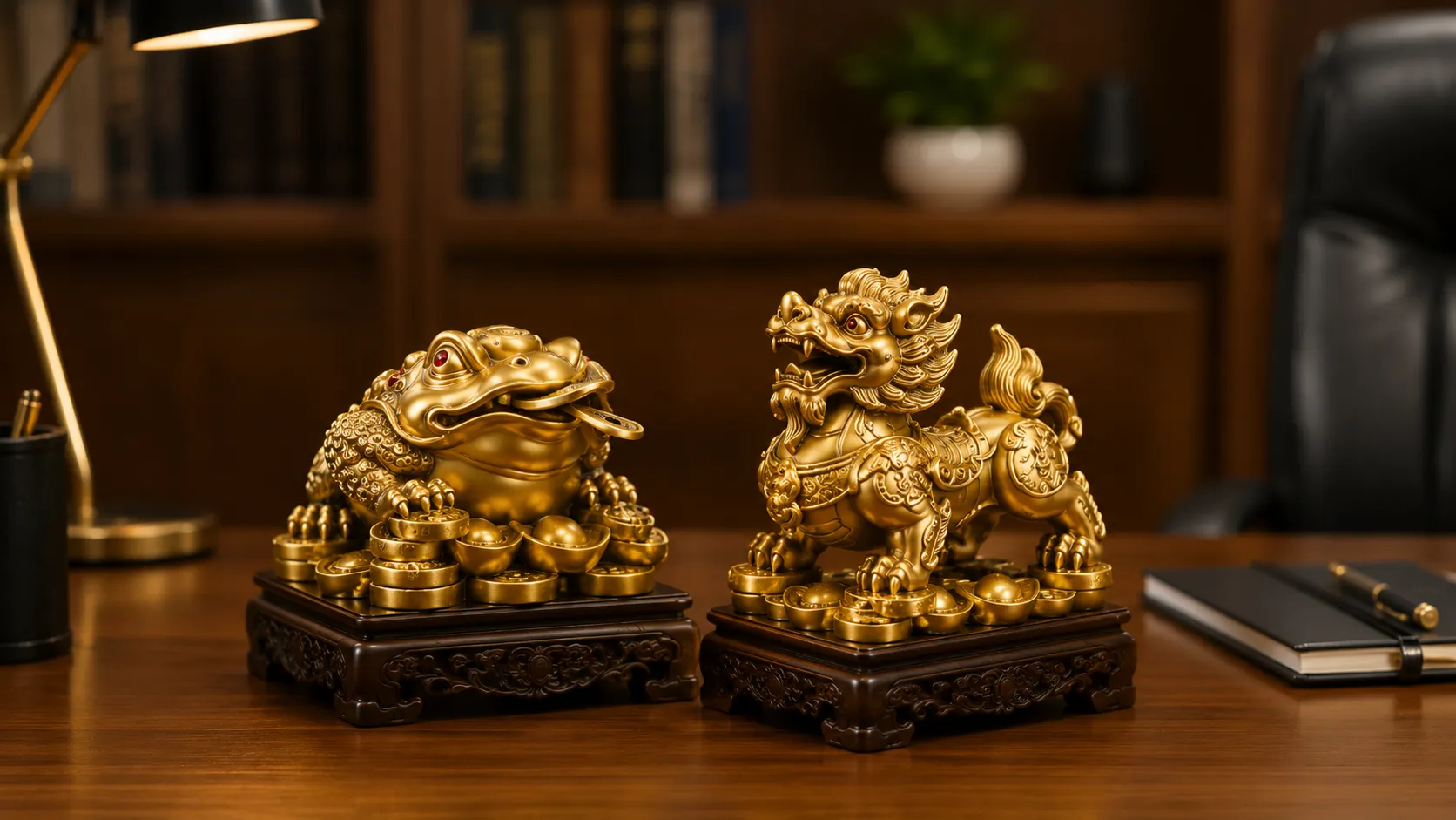 Trang trí bàn làm việc bằng tượng cóc, kỳ lân