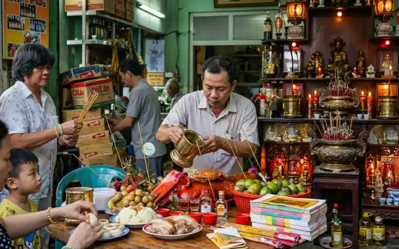 Mâm cúng cô hồn tháng 7 ngoài sân với cháo trắng, hoa quả và tiền vàng