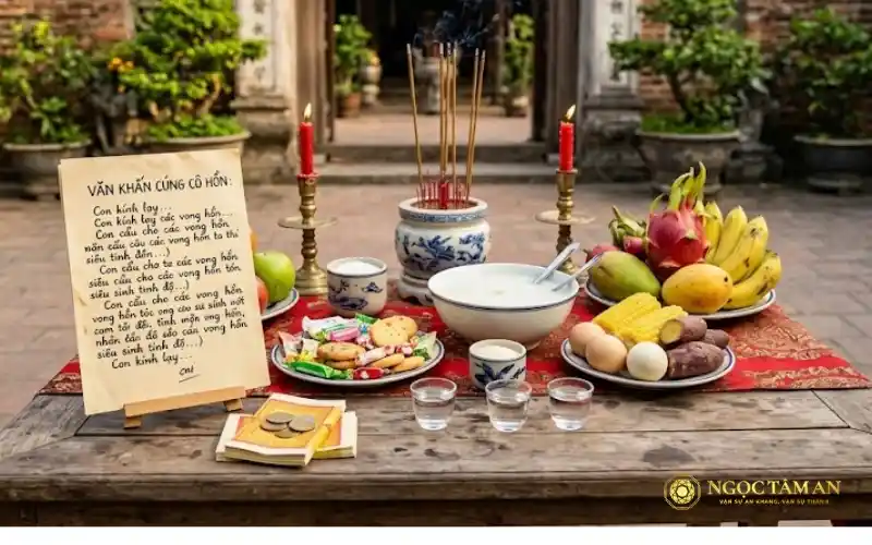 Mâm cúng cô hồn ngoài trời và bài văn khấn cúng cô hồn
