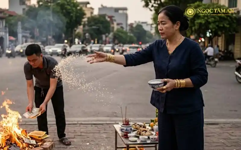 Rải gạo muối và hóa vàng sau khi đọc văn khấn cúng cô hồn