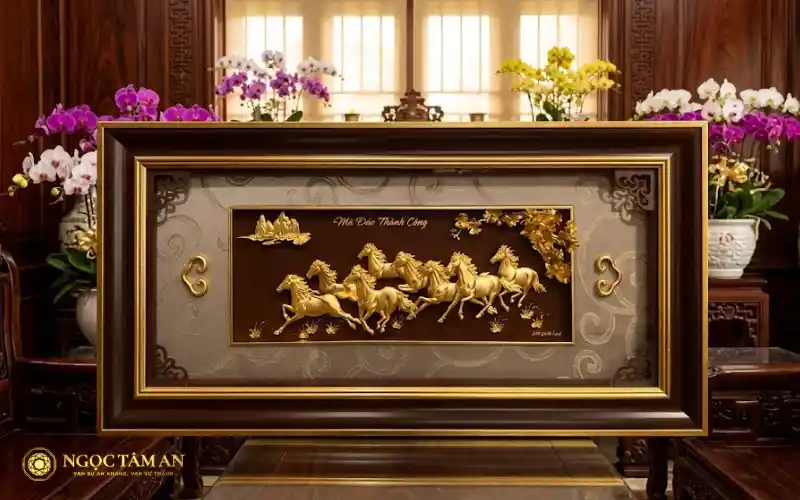 Tranh bát mã mạ vàng, hình ảnh tám con tuấn mã phi nước đại luôn là biểu tượng quyền uy của thành công và đại lộc trong văn hóa phương Đông