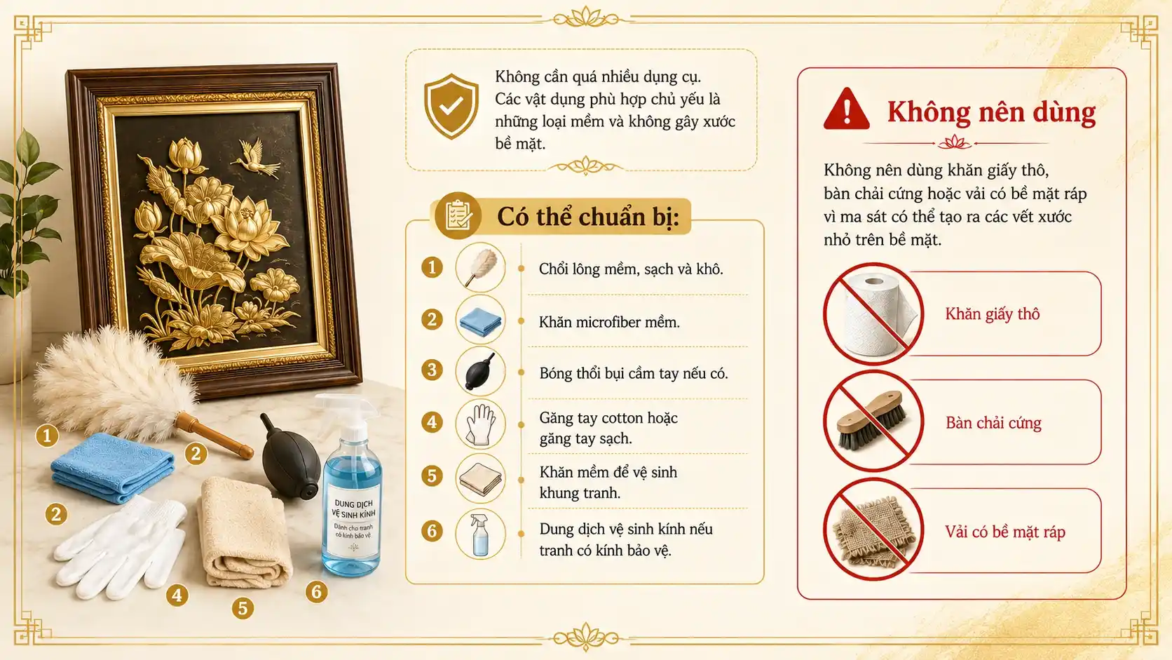 Công cụ để vệ sinh tranh mạ vàng, dát vàng