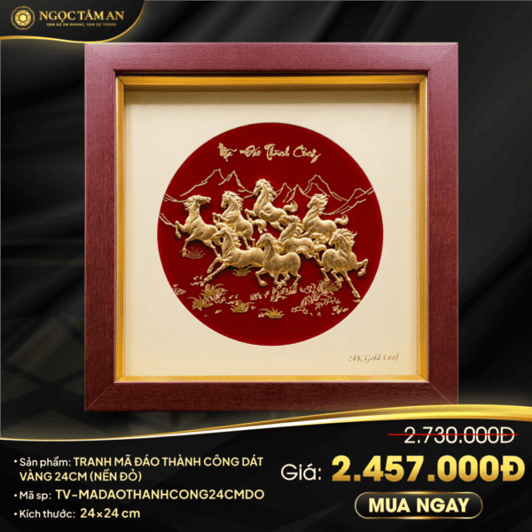 Tranh Mã đáo thành công dát vàng nền đỏ (25x25cm)