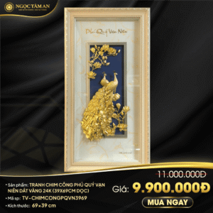 Tranh chim công Phú quý vạn niên dát vàng 24K (39x69cm dọc)