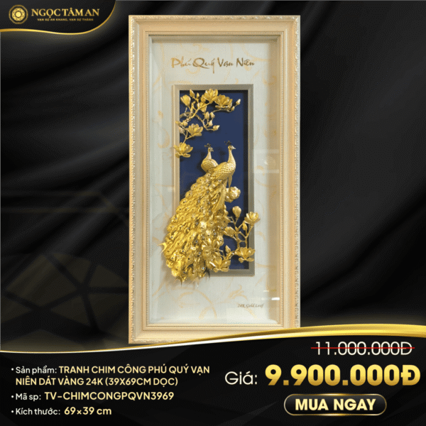 Tranh chim công Phú quý vạn niên dát vàng 24K (39x69cm dọc)