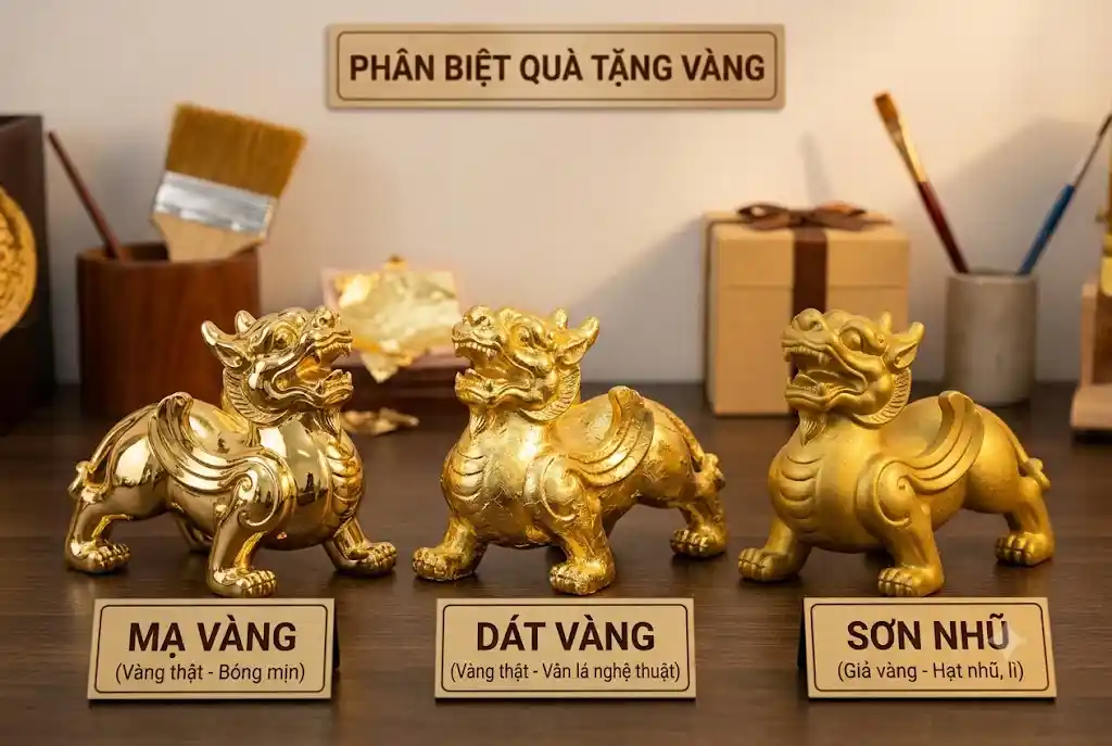 Phân biệt mạ vàng, dát vàng và sơn nhũ giúp bạn chọn đúng món quà bằng vàng thật.