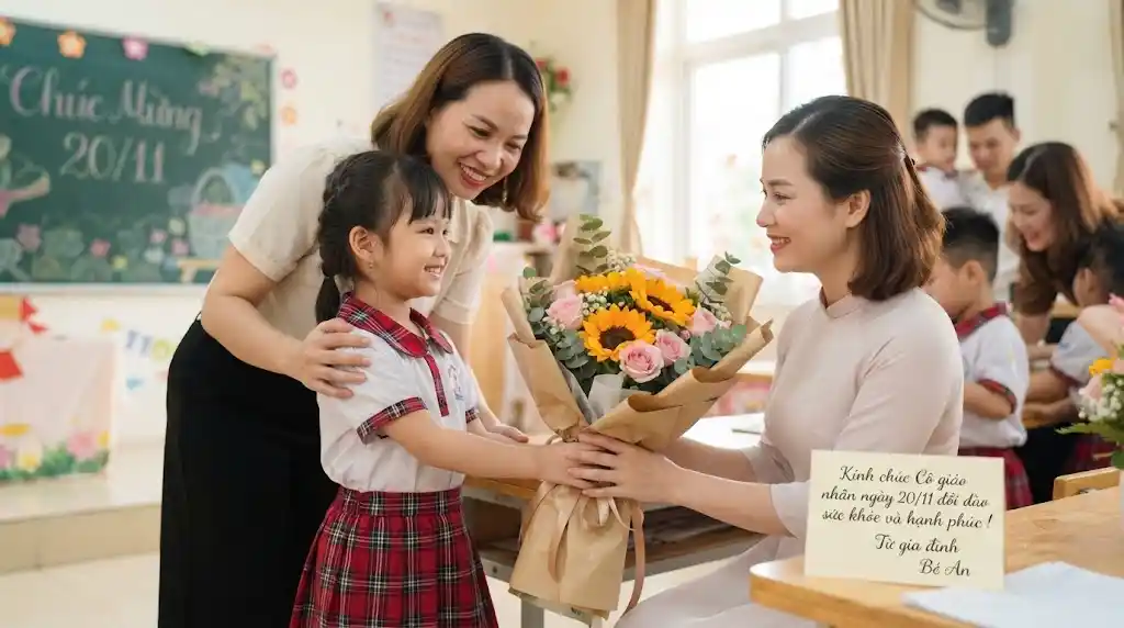 Bé và phụ huynh tặng hoa kèm lời chúc 20/11 cho cô giáo