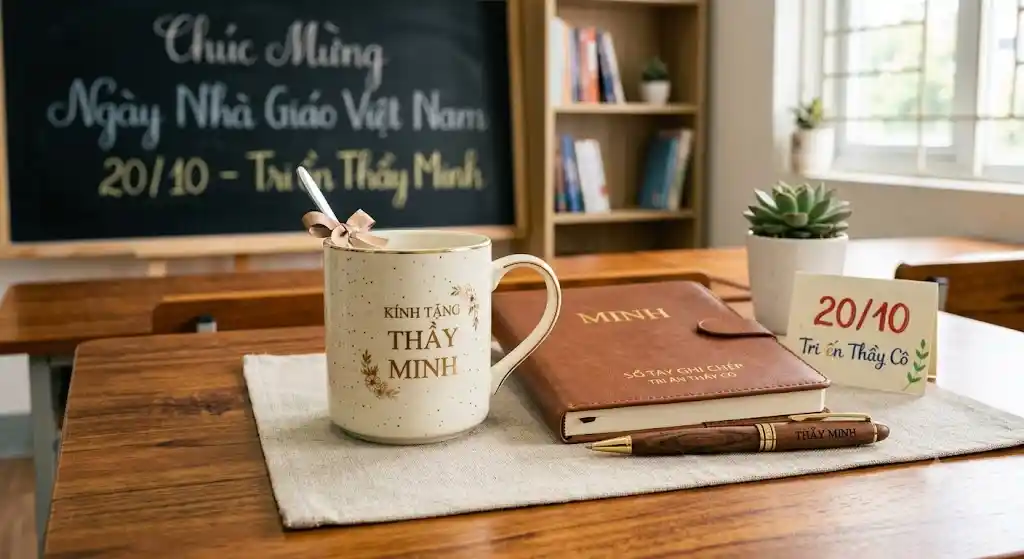 Bút, sổ tay và ly sứ in tên xếp cạnh nhau làm quà tặng giáo viên