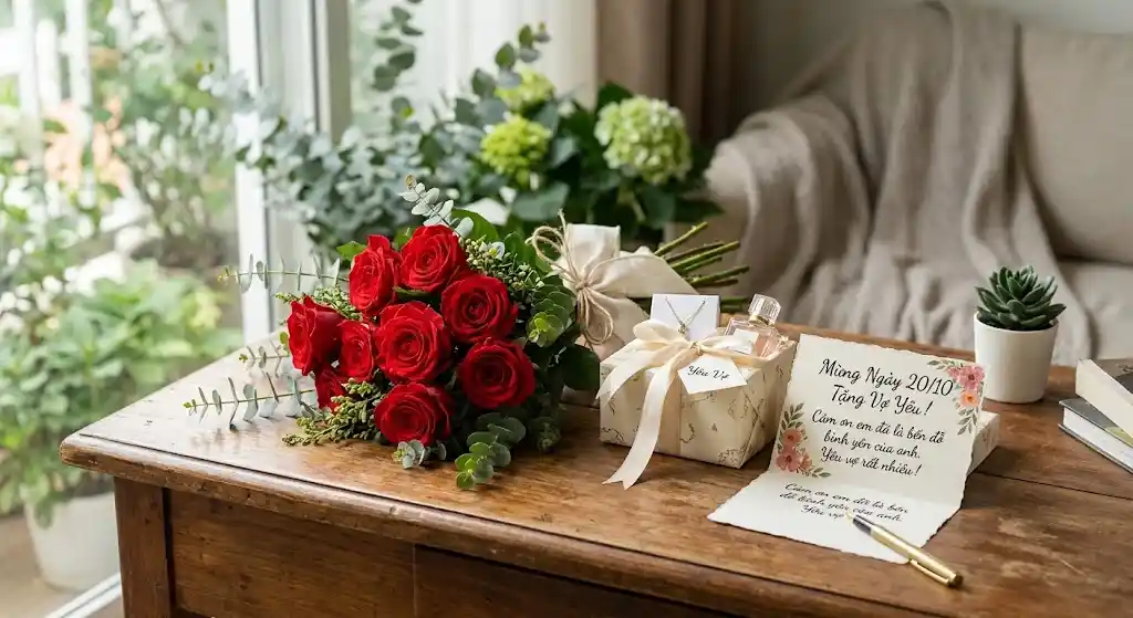 Bó hoa hồng kèm thiệp làm quà 20/10 tặng vợ