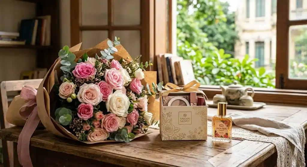 Bó hoa hồng, hộp mỹ phẩm và chai nước hoa nhỏ đặt cạnh nhau