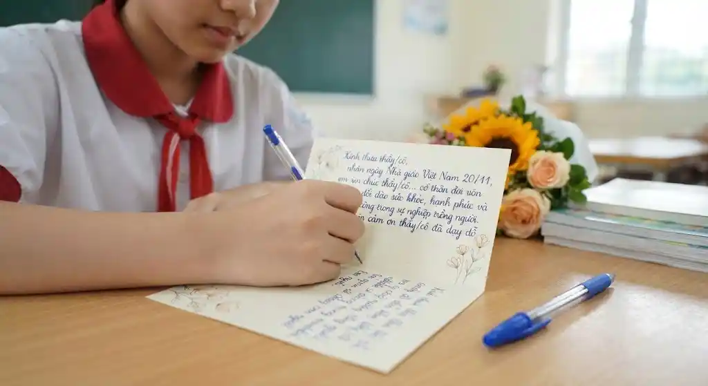 Học sinh viết lời chúc 20/11 vào thiệp tặng thầy cô