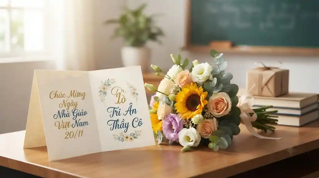 Thiệp và hoa kèm lời chúc 20/11 tri ân thầy cô