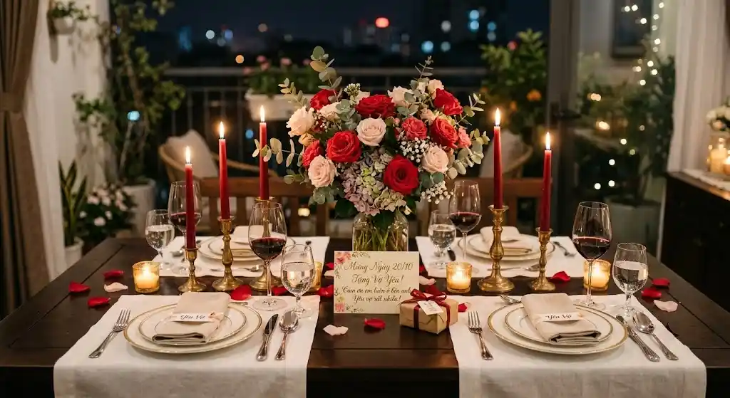 Bữa tối lãng mạn có nến và hoa hồng chuẩn bị tặng vợ ngày 20/10