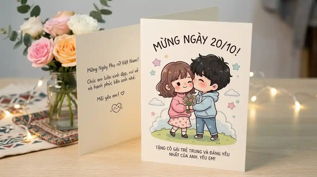 Thiệp hình vẽ chibi đáng yêu, hợp tặng bạn gái trẻ trung dịp 20/10.