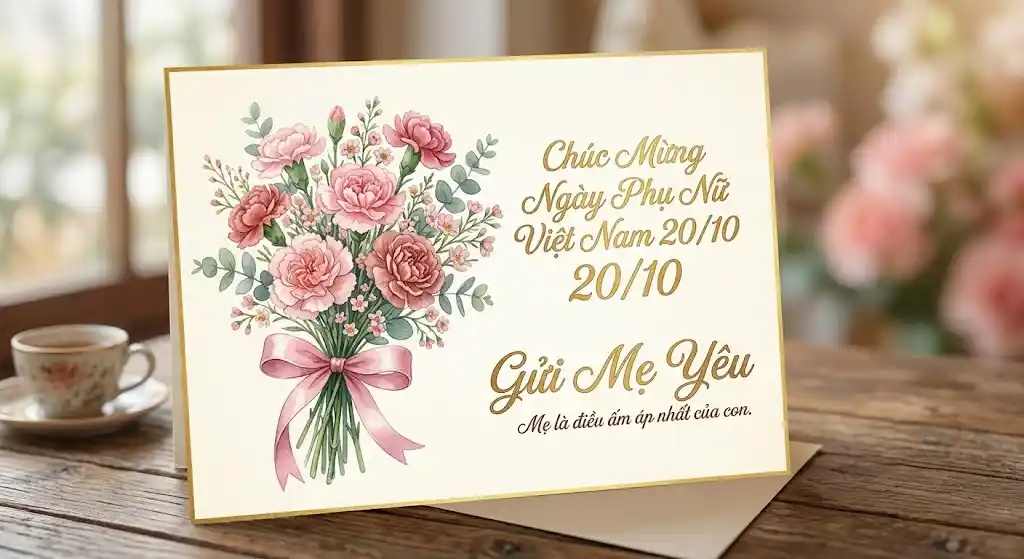 Thiệp hoa cẩm chướng tông hồng phấn, mẫu thiệp 20/10 ấm áp dành cho mẹ.