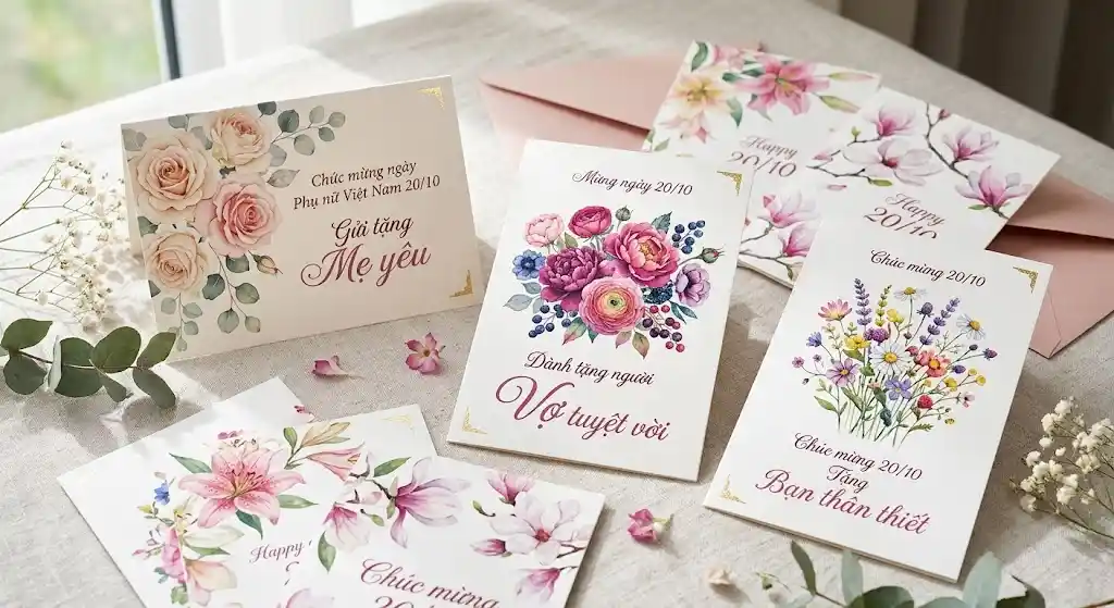 Thiệp hoa lá nữ tính hợp tặng mẹ, vợ và bạn bè dịp 20/10.
