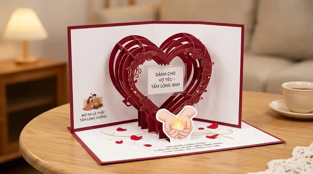 Thiệp nổi 3D hình trái tim, mở ra là thấy ngay tấm lòng người chồng.