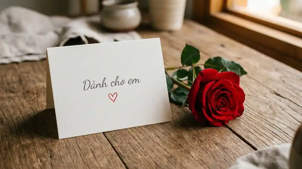 Một tấm thiệp tối giản đặt cạnh bông hồng đỏ, lãng mạn mà không cầu kỳ.