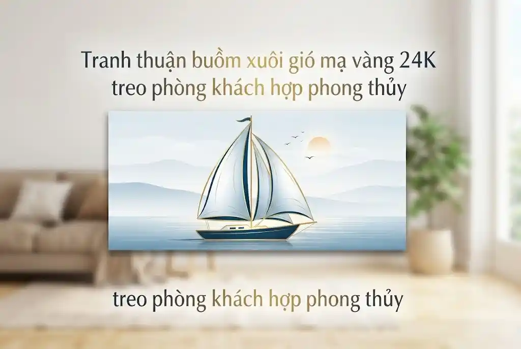 Tranh thuận buồm xuôi gió mạ vàng 24K treo phòng khách hợp phong thủy